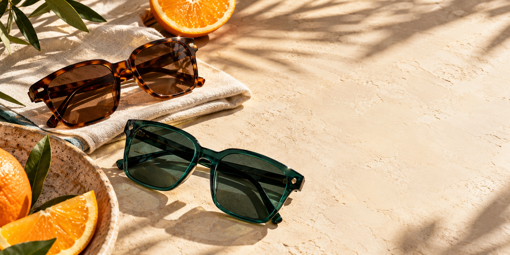Summer campaign with sunglasses and oranges in sunlight